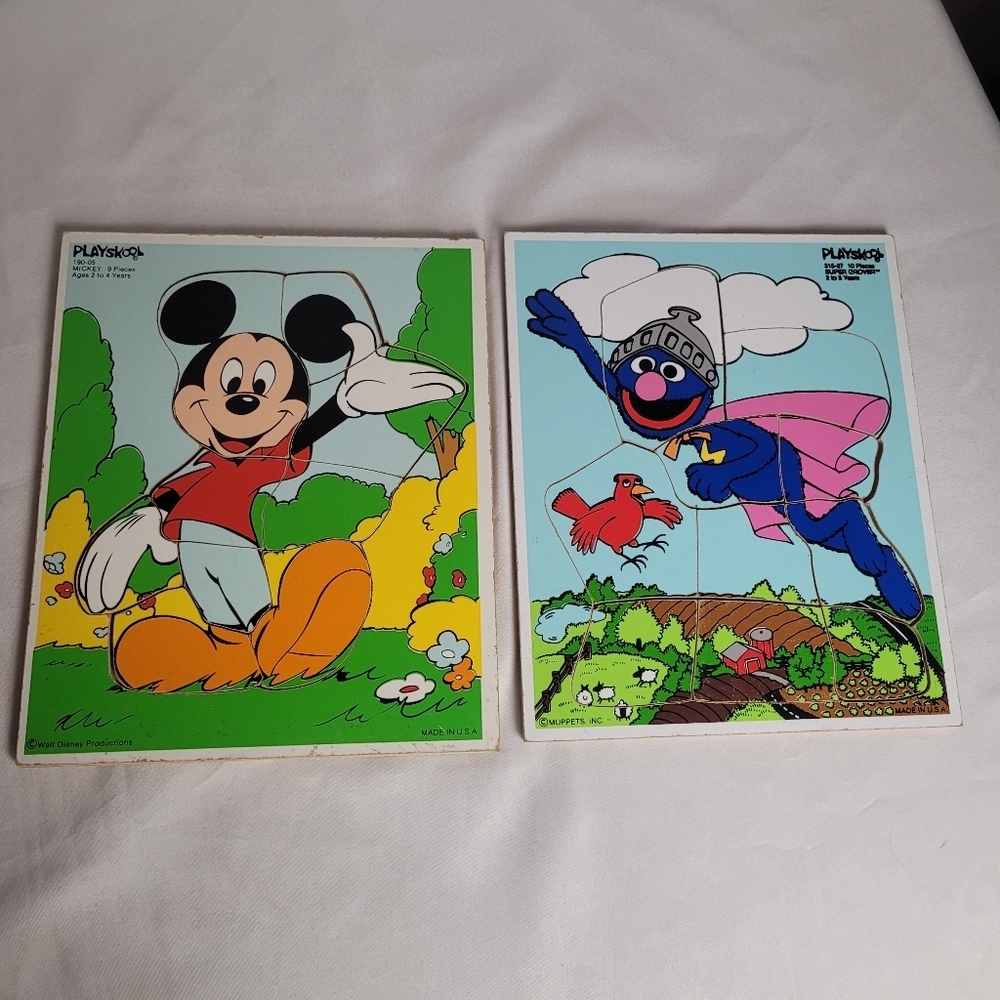VTG Walt Disney Mickey Mouse Muppets Grover Wooden Puzzles By Playskool